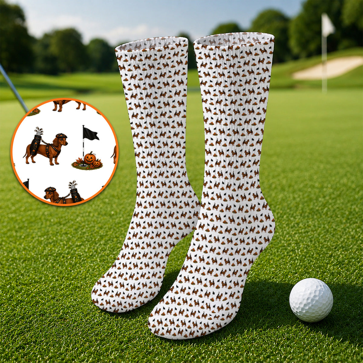 Funny Dachshund Golf Sock, Halloween Wiener Dog Pattern Golf Socks, Golf Gift for Golfer