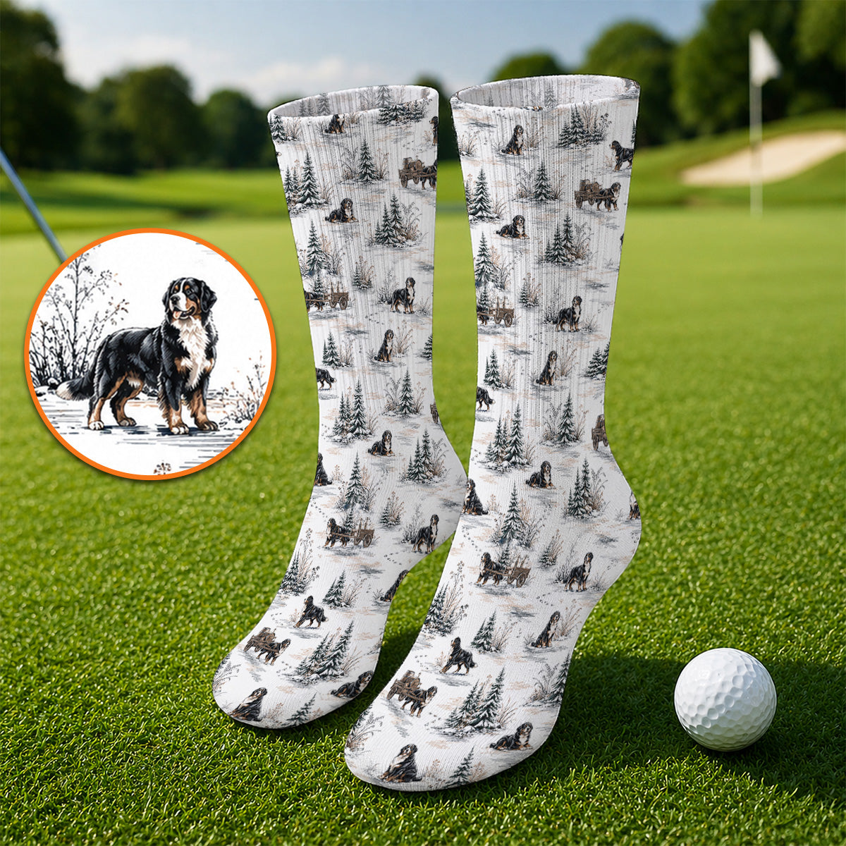 Bernese Mountain Pattern Golf Socks, Snowy Bernese Dog Golf Sock, Dog Lover Golf Gift