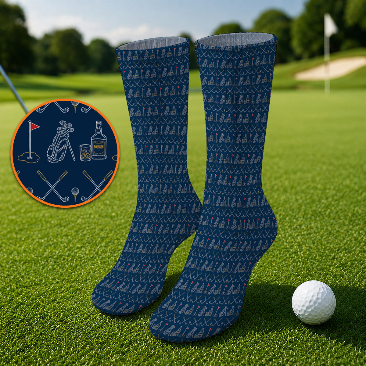 Bourbon Golf Socks, Whiskey & Golf Club Pattern Sock, Classic Gift For Bourbon Loving Golfers