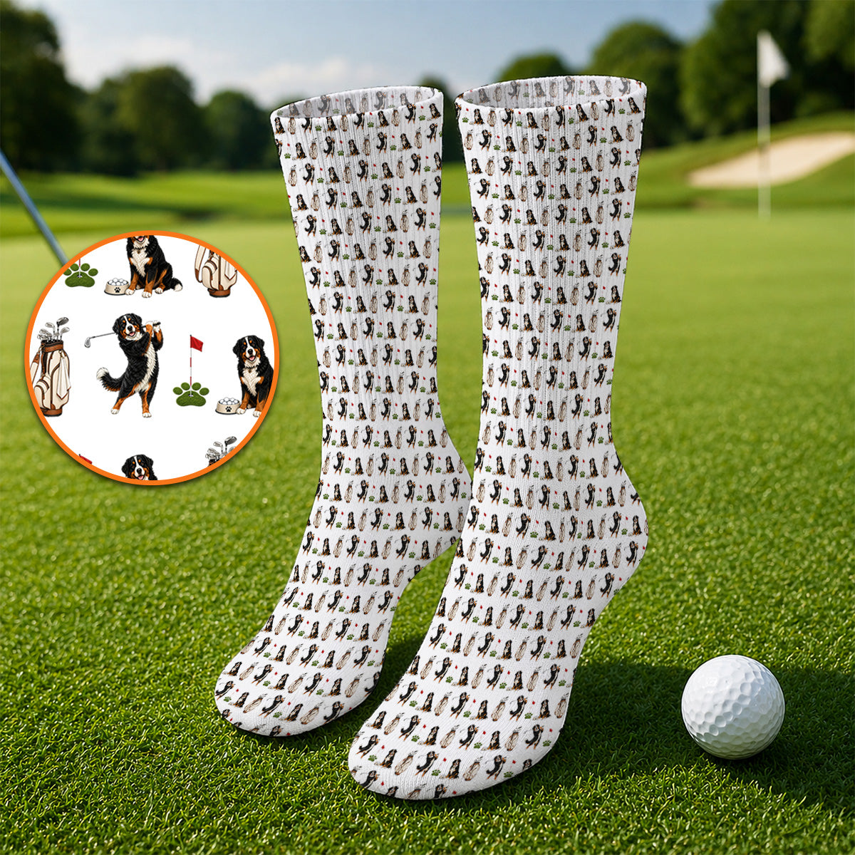 Bernese Mountain Dog Golf Pattern Socks, Bernese Golf Sock, Dog Lover Golf Gift