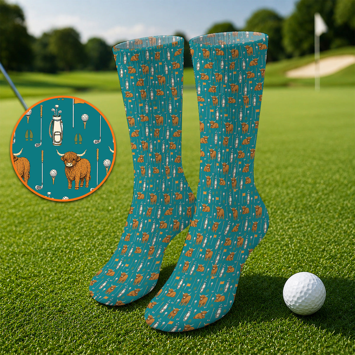 Highland Cow Fairway Socks, Highland Cow Golf Pattern Sock, Golf Gift For Golfer