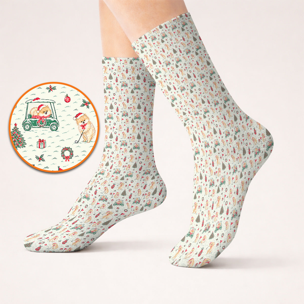 Funny Xmas Pomeranian Golf Socks, Pom Dog & Holiday Golf Cart Pattern Sock, Christmas Golf Gift For Dog Lovers