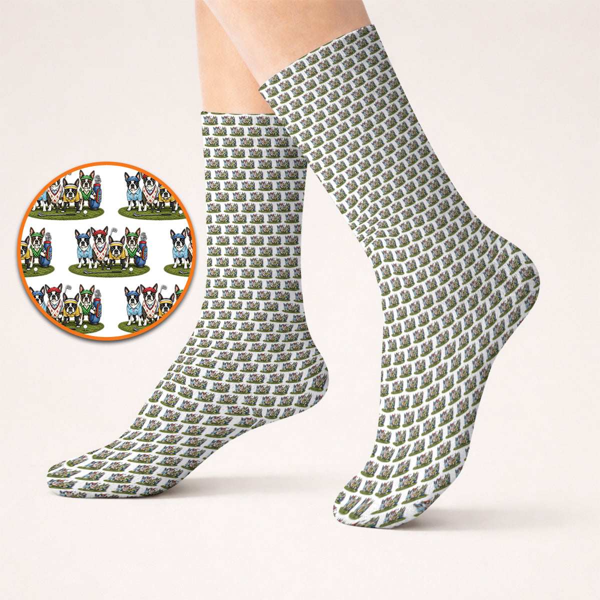 Boston Terrier Golf Pattern Socks, Funny Golfing Boston Terrier Sock, Dog Lover Golf Gift