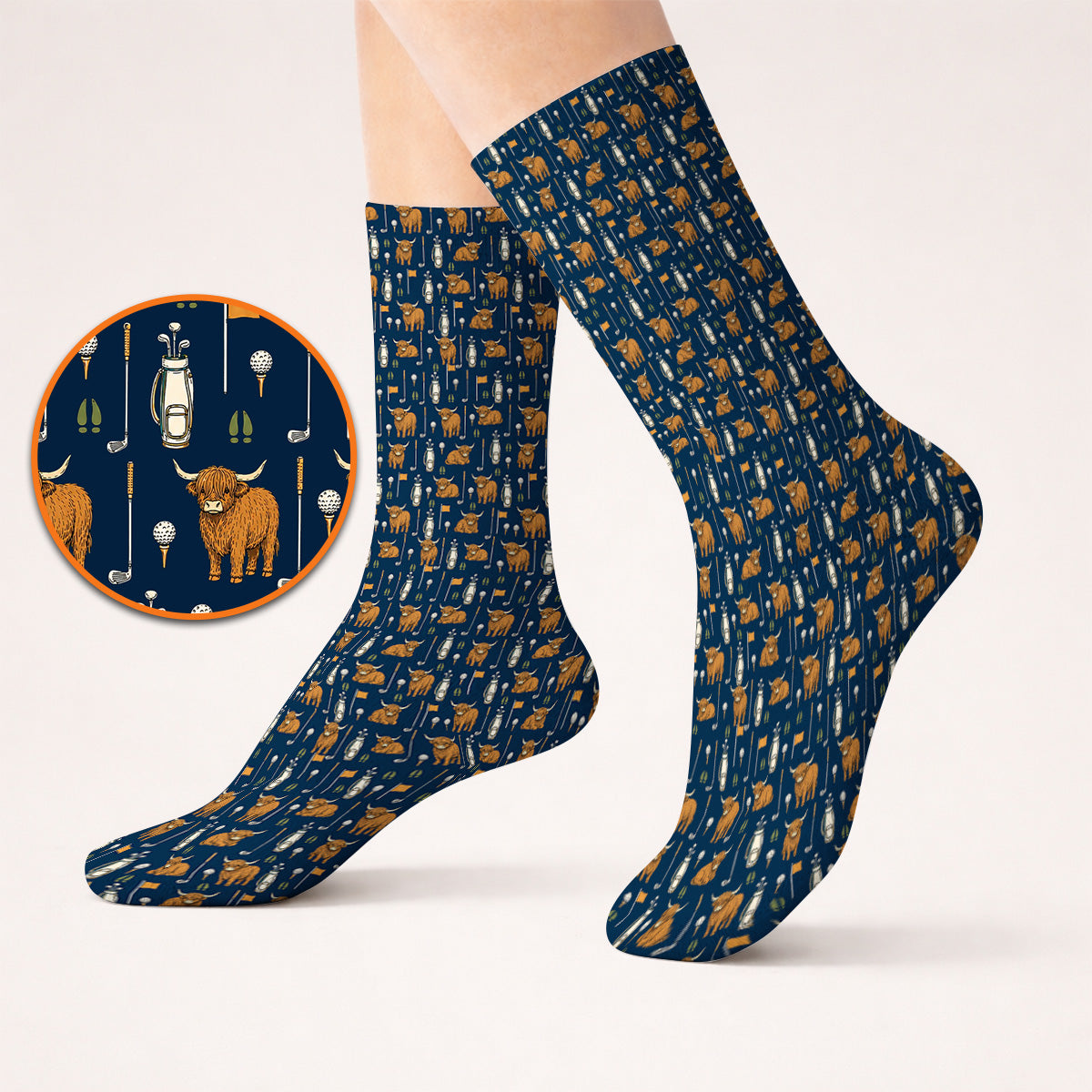 Highland Cow Fairway Socks, Highland Cow Golf Pattern Sock, Golf Gift For Golfer