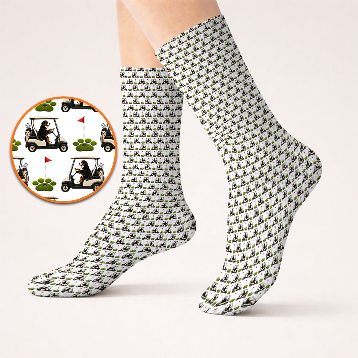 Bernese Mountain Golf Cart Pattern Socks, Funny Bernese Golf Sock, Golf Gift For Golfer