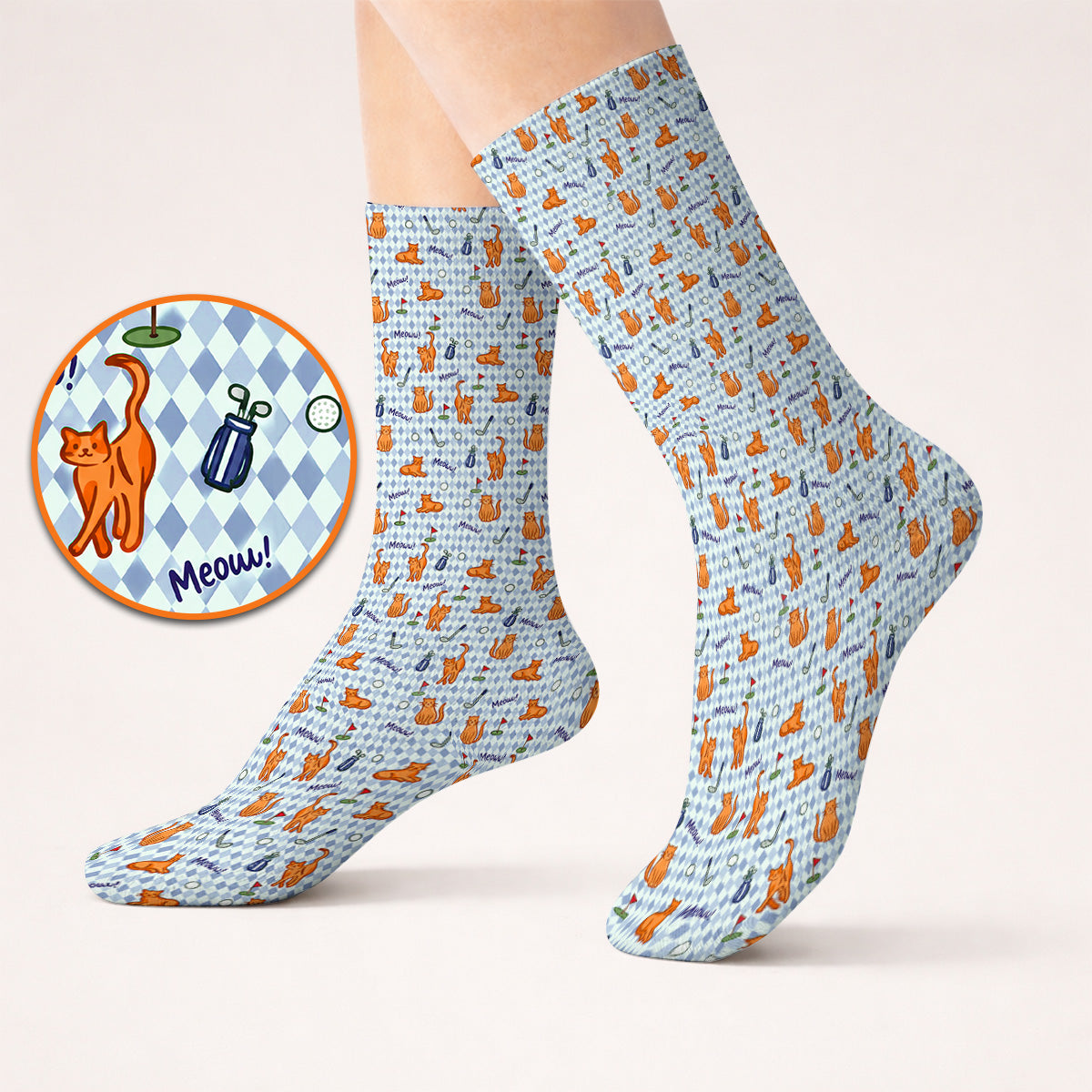 Cute Orange Cat Golf Socks, Meow Cat And Golf Pattern Sock, Funny Cat Golf Gift For Golfer