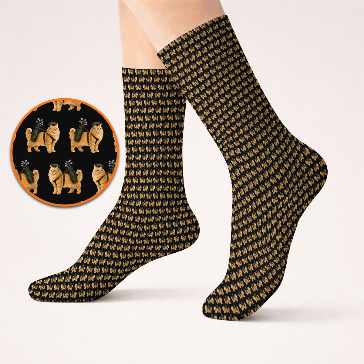 Ginger Long Hair Cat Golf Socks, Cute Orange Cat Pattern Golf Sock for Cat Lovers, Golf Gift for Long Haired Cat Owners