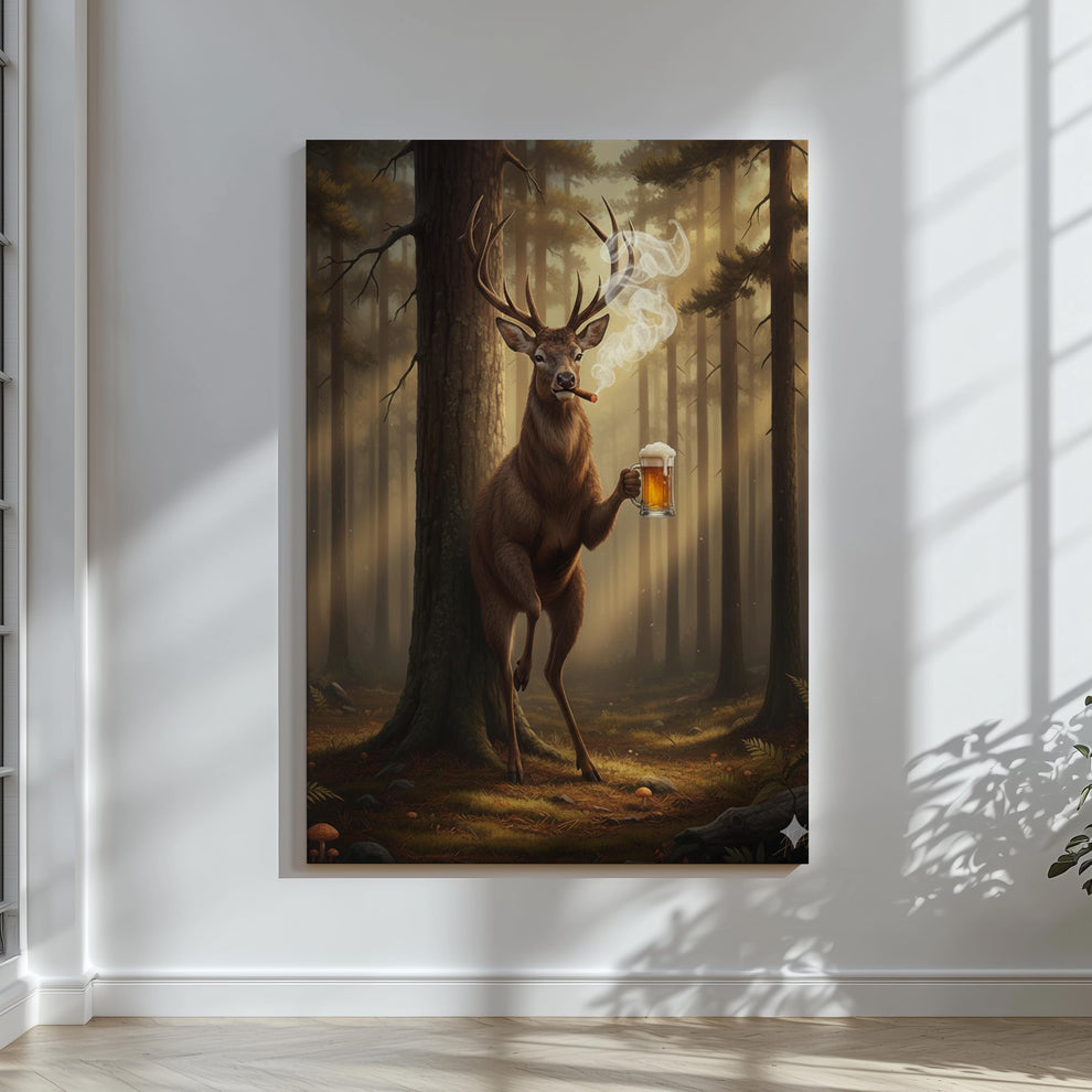 Beer & Cigar Deer Canvas – Funny Man Cave Cabin Wall Art