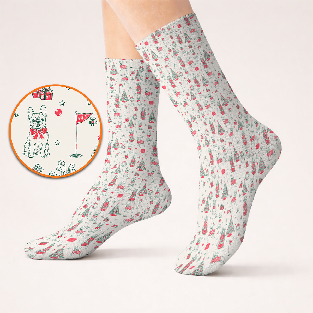 French Bulldog Christmas Golf Socks, Festive Dog Golf Pattern Sock, Funny Xmas Golf Gift for Golfers