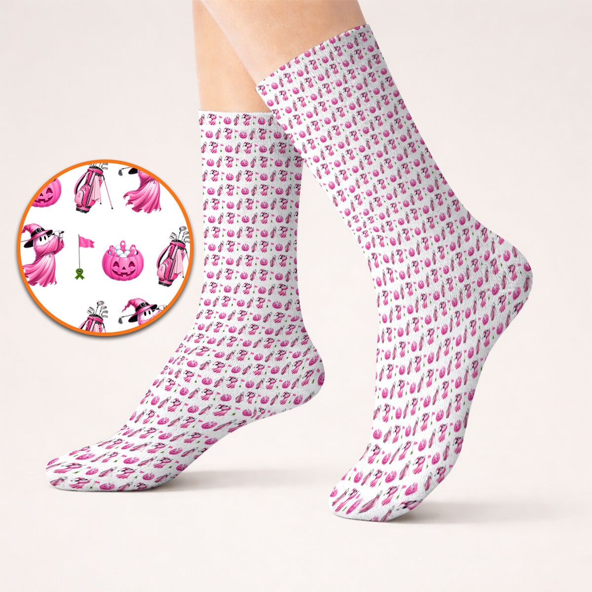 Pink Pumpkin Swing Breast Cancer Awareness Golf Socks, Halloween Golf & Pink Ribbon Pattern Sock, October Golf Gift For Golfer