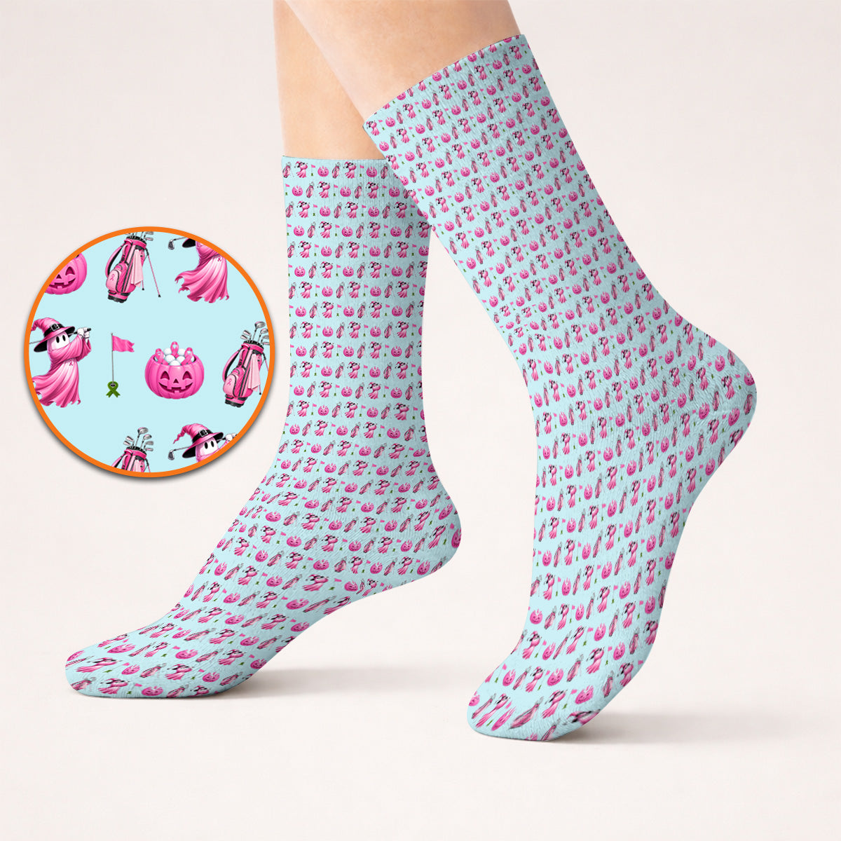 Pink Pumpkin Swing Breast Cancer Awareness Golf Socks, Halloween Golf & Pink Ribbon Pattern Sock, October Golf Gift For Golfer