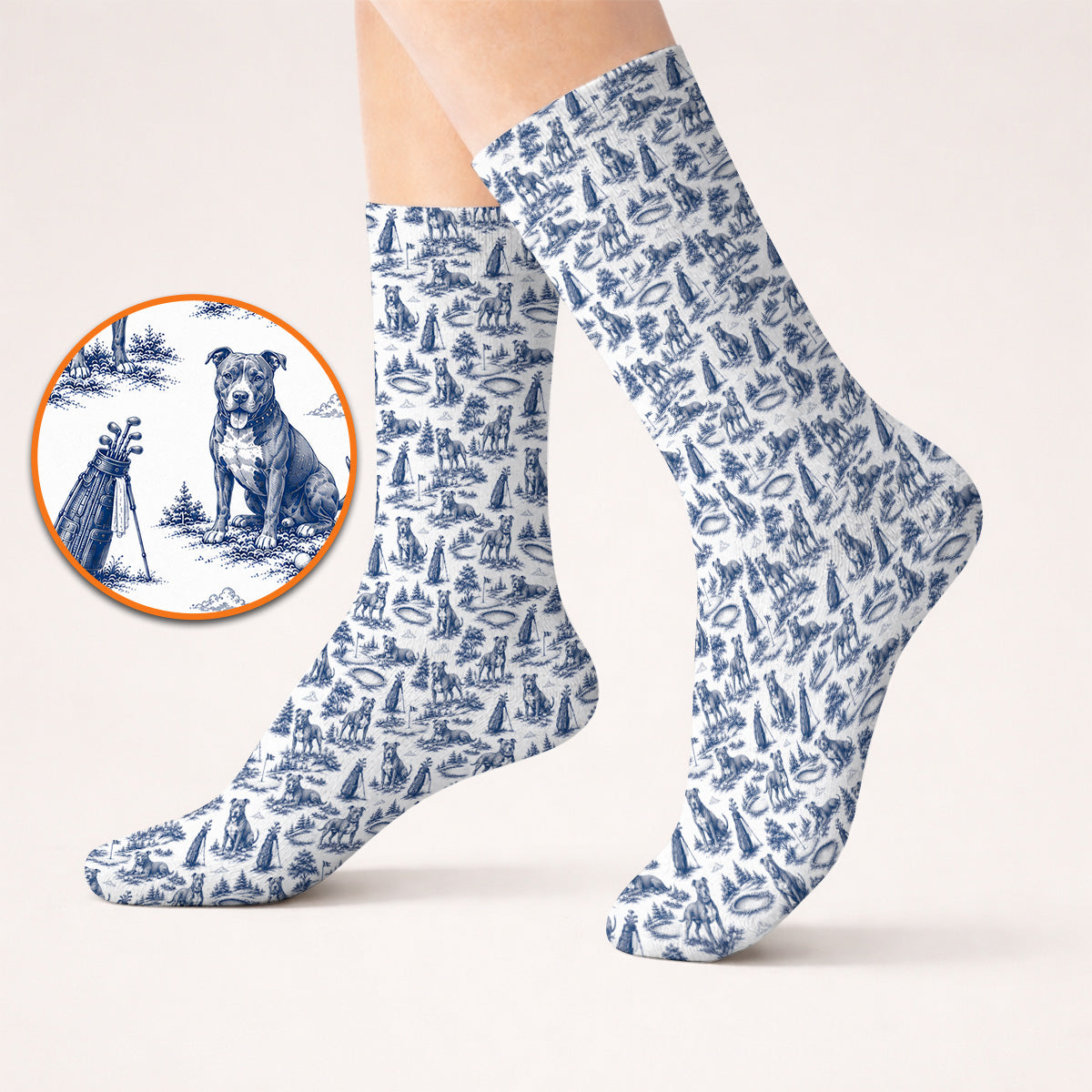 Crazy Pit Bull Golf Socks For Golfer, Toile de Jouy Pit Bull Pattern Golf Sock, Dog Lover Golf Gift