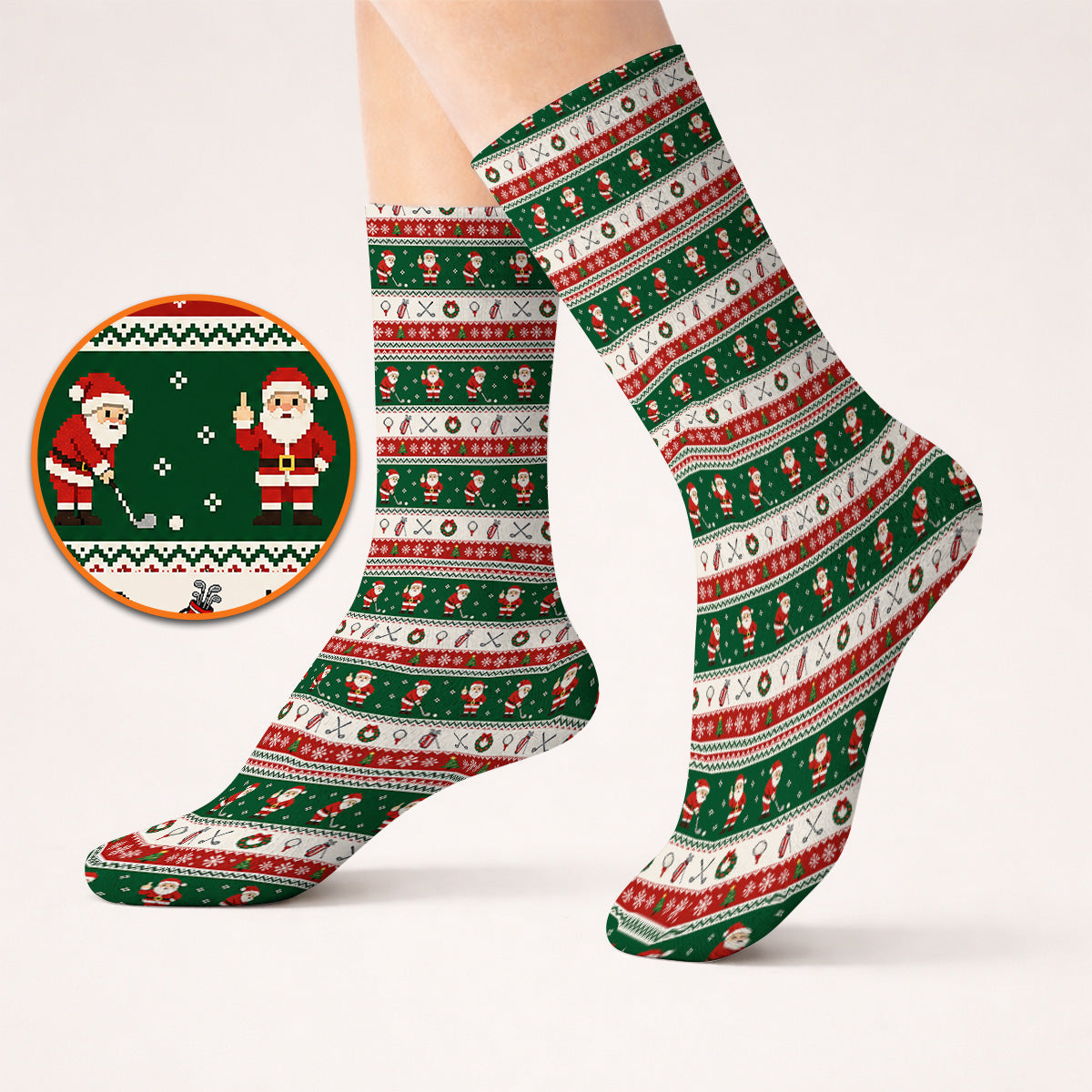 Funny Christmas Santa Golf Socks, Ugly Christmas Golf Pattern Sock, Xmas Gift For Golfer