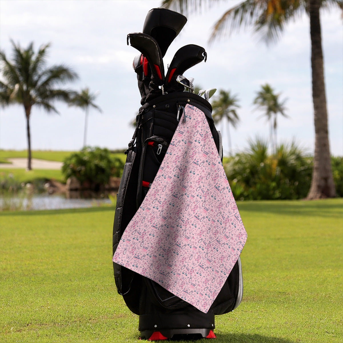 Fight Cancer Golf Towels, Pink Ribbon Golf Cart Pattern Towel, Breast Cancer Awareness Gift for Golfers