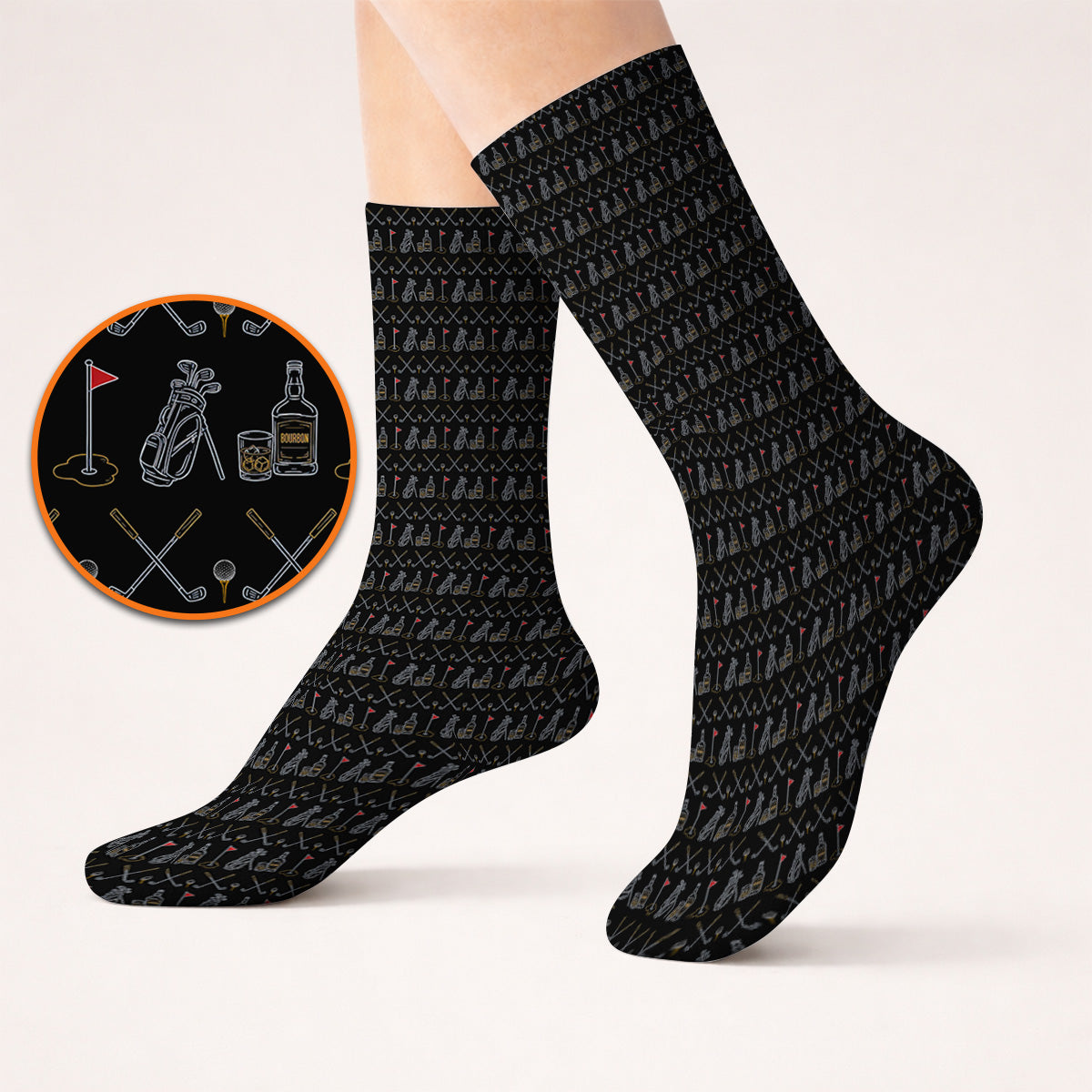Bourbon Golf Socks, Whiskey & Golf Club Pattern Sock, Classic Gift For Bourbon Loving Golfers