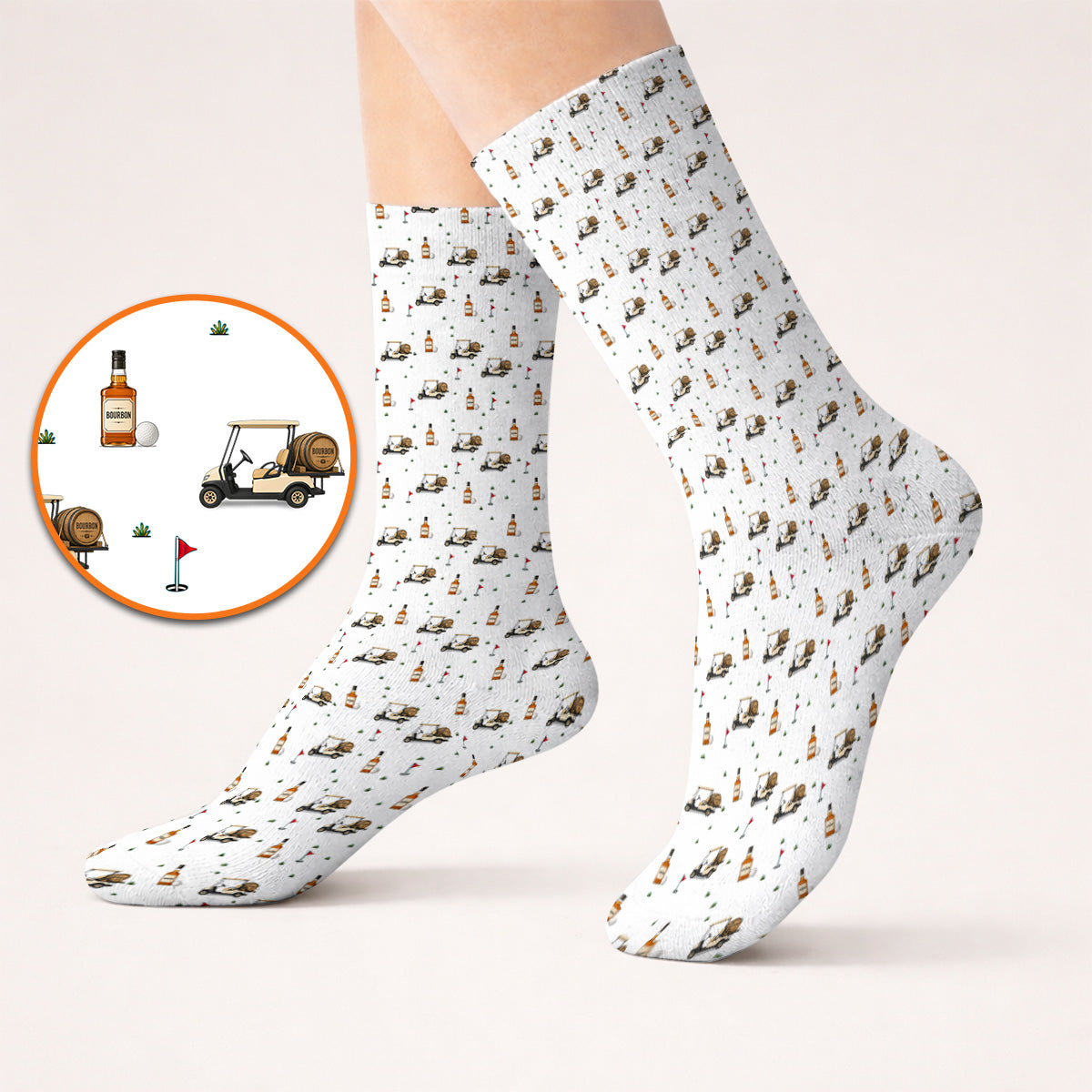 Bourbon Cart Golf Socks, Whiskey Barrel & Golf Course Pattern Sock, Funny Golf Gift For Golfer