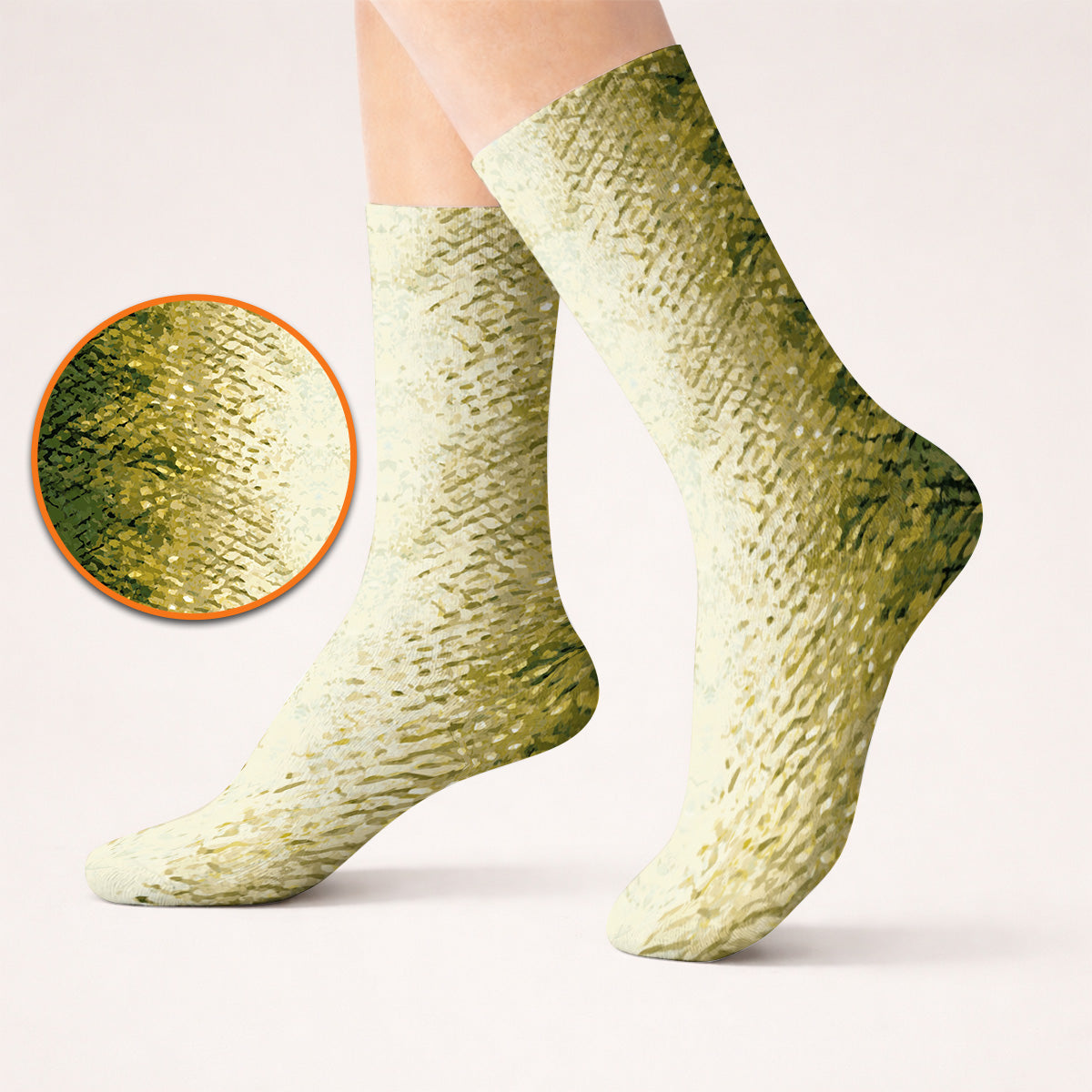 Bass Fishing Pattern Golf Socks, Golden Green Bass Fish Scale Golf Sock, Golf Gift For Fishers