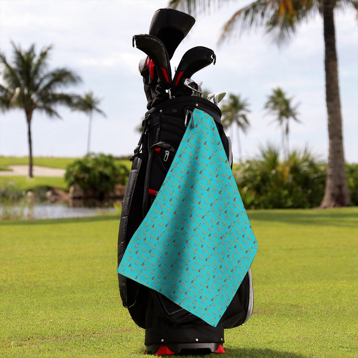 Cat Lover Golf Towels, Turquoise Cat Face & Golf Bag Pattern Golf Towel, Funny Kitty Golf Gift for Golfers