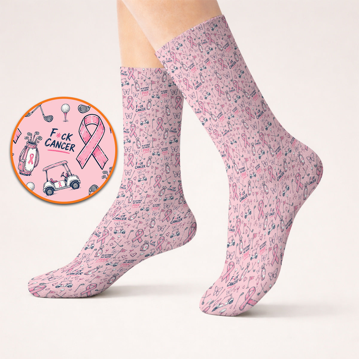 Fight Cancer Golf Socks, Pink Ribbon Golf Cart Pattern Sock, Breast Cancer Awareness Gift for Golfers