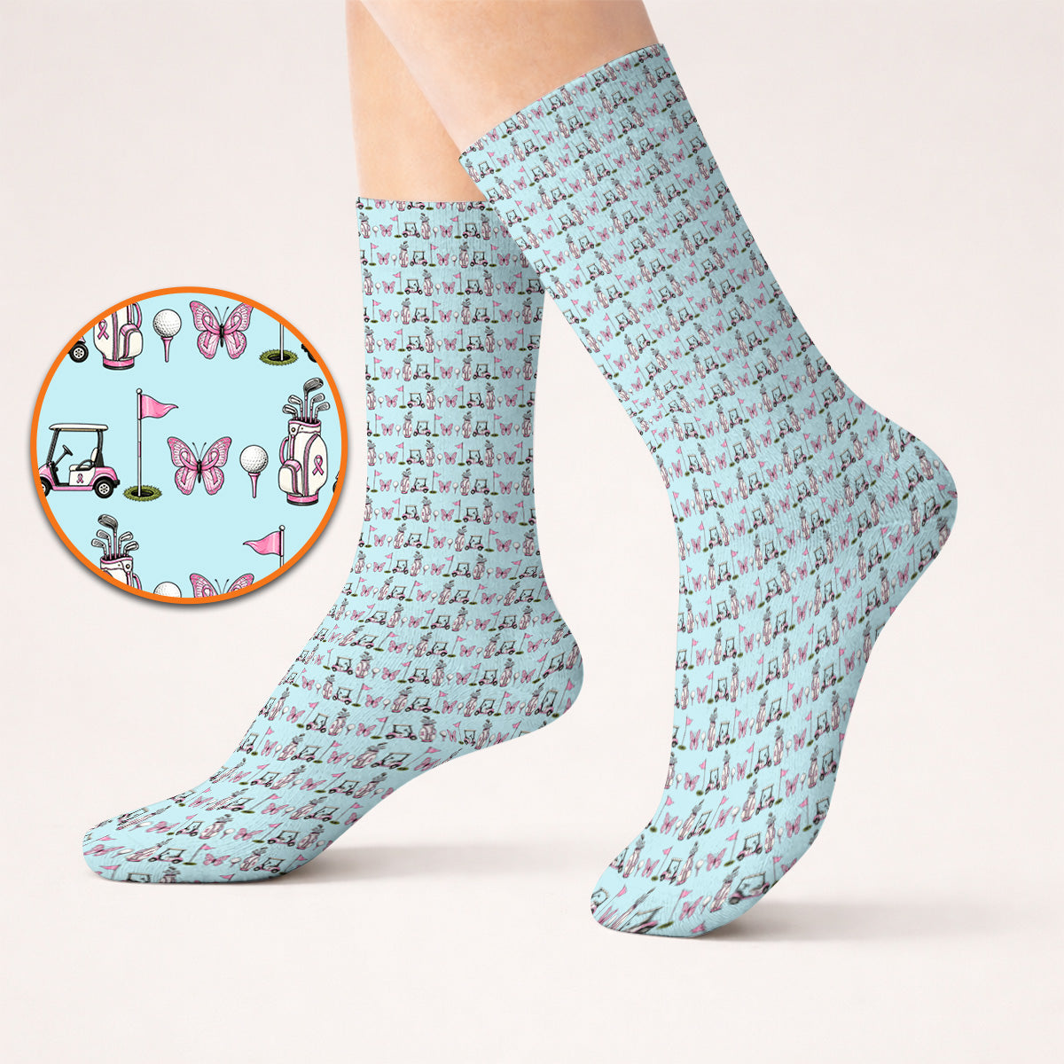 Pink Ribbon Fairway Golf Socks, Breast Cancer Support Golf Cart & Butterfly Pattern Sock, Awareness Gift for Golfers