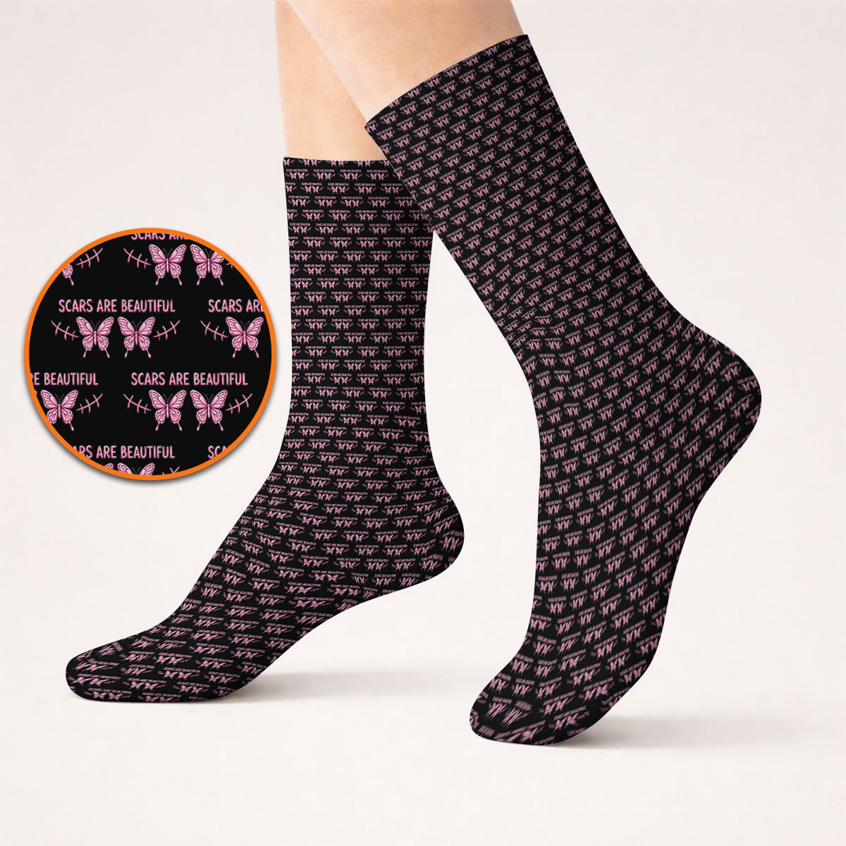 Scars Are Beautiful Breast Cancer Awareness Golf Socks, Pink Butterfly Survivor Pattern Sock, Inspirational Golf Gift for Golfer