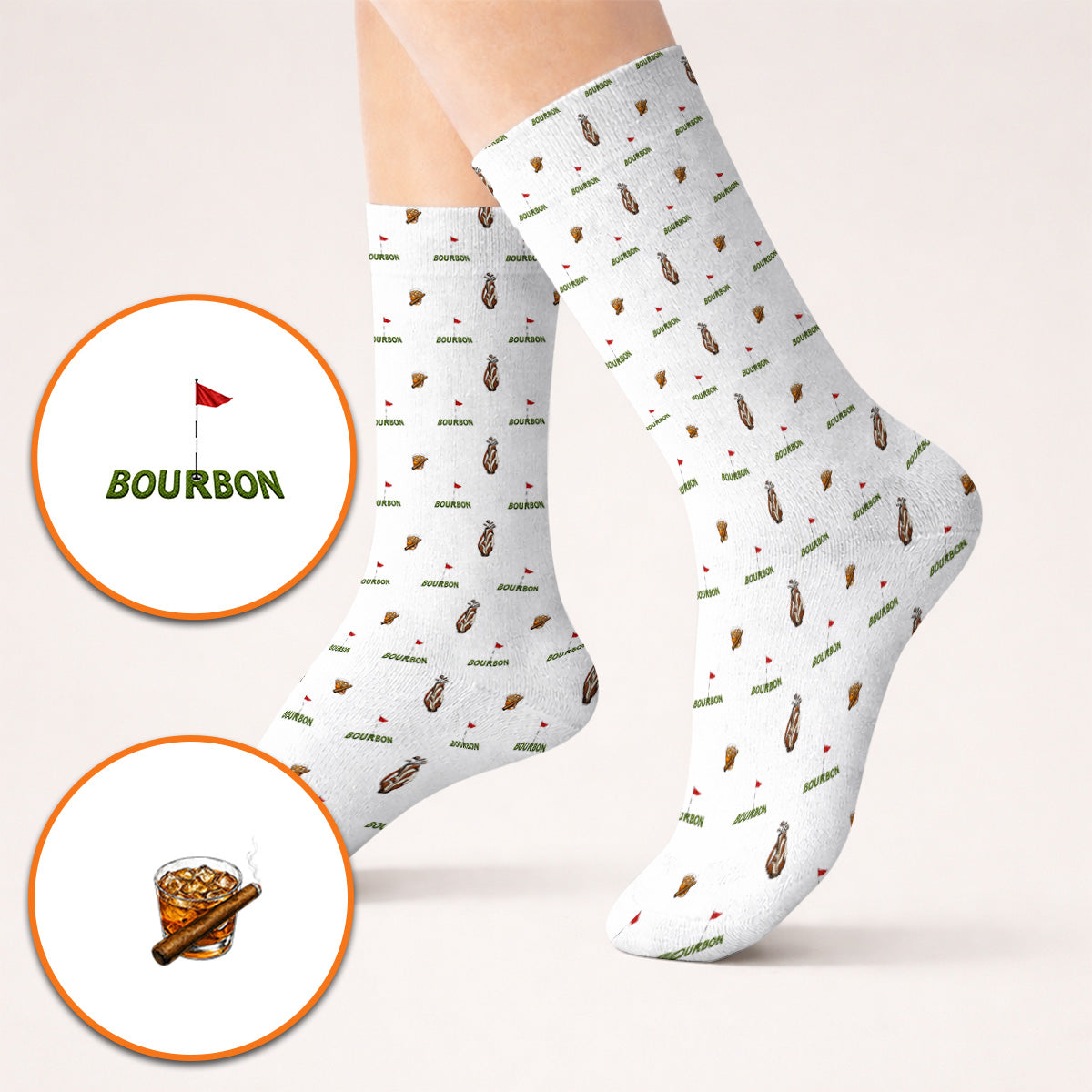 Bourbon & Cigar Golf Socks, Whiskey Golf Pattern Sock, Funny Bourbon Gift For Golfers