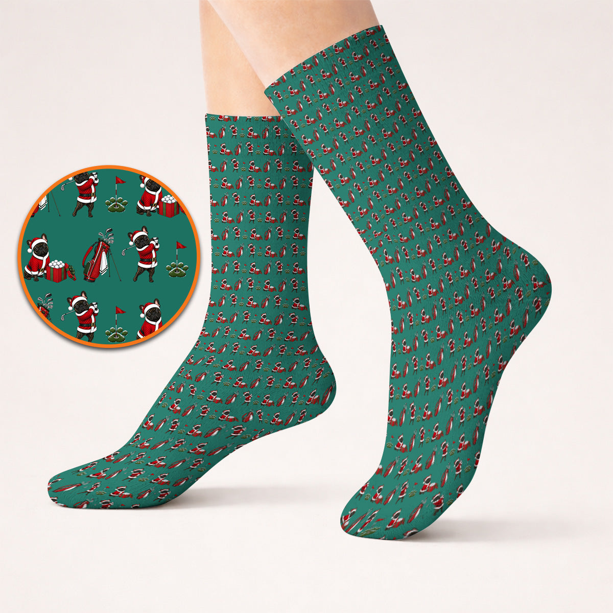 Christmas French BullDog Pattern Golf Socks, Funny Santa French BullDog Holiday Golf Sock, Xmas Golf Gift For Golfers