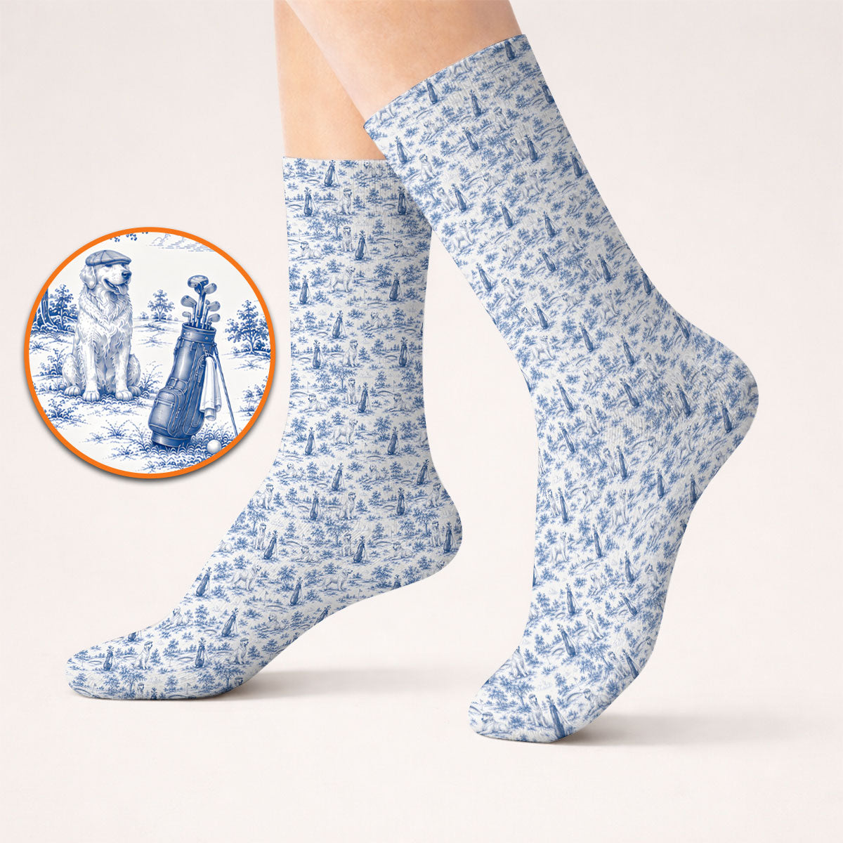 Golden Retriever Golf Sock, Toile De Jouy Golden Pattern Golf Socks, Crazy Golf Gift For Golfer