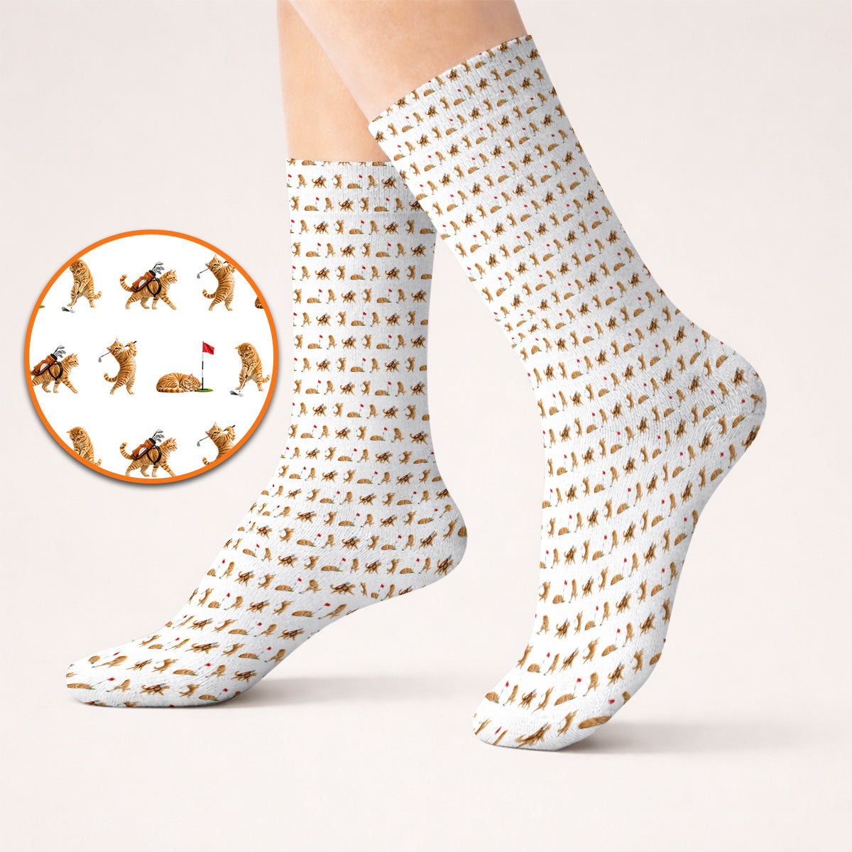 Orange Tabby Cat Golf Socks, Funny Ginger Cat Golf Pattern Sock, Unique Golf Gift For Cat Lovers
