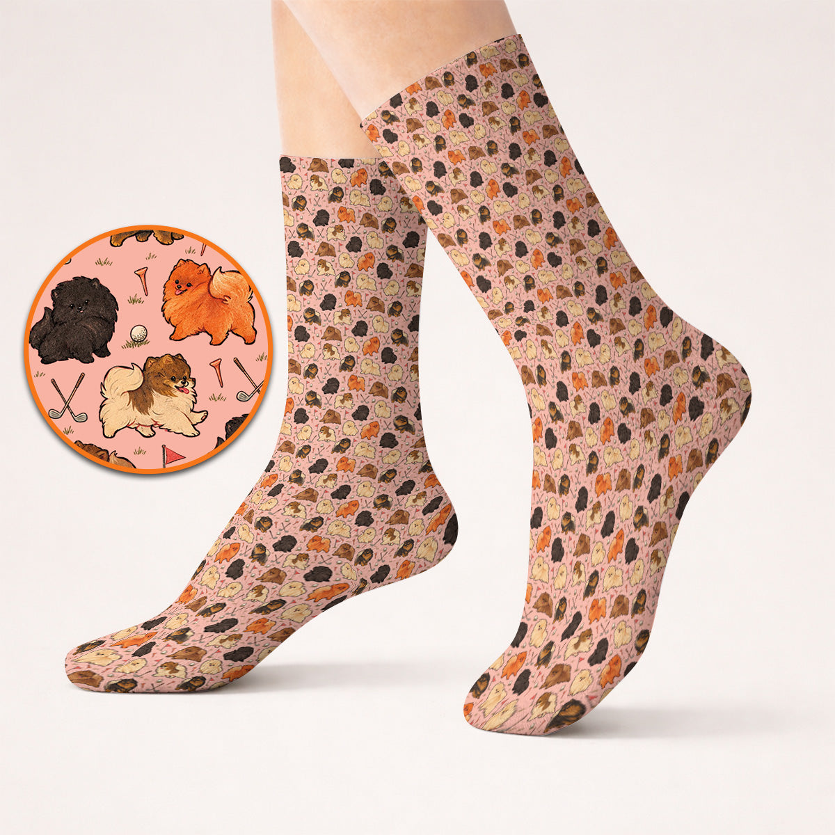 Funny Pomeranian Golf Socks, Pom Dog & Golf Pattern Sock, Golf Gift For Golfer