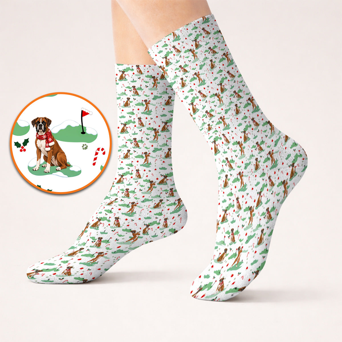 Funny Boxer Christmas Golf Socks, Xmas Boxer Dog Pattern Golf Sock, Golf Gift For Golfer