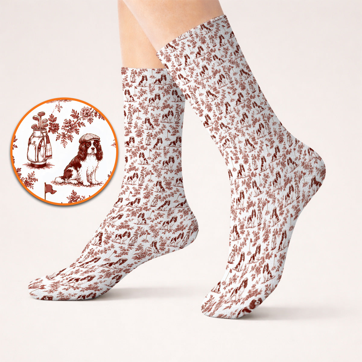 Funny Cavalier King Charles Spaniel Golf Sock, Toile de Jouy Cavalier Pattern Golf Socks, Golf Gift For Golfer