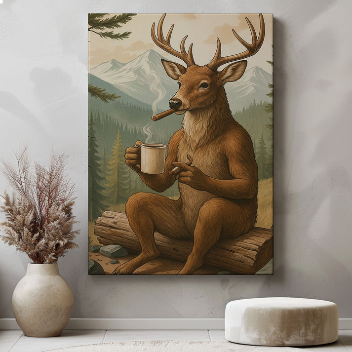 Rustic Deer Canvas – Coffee, Cigar & Cabin Wall Art for Man Caves