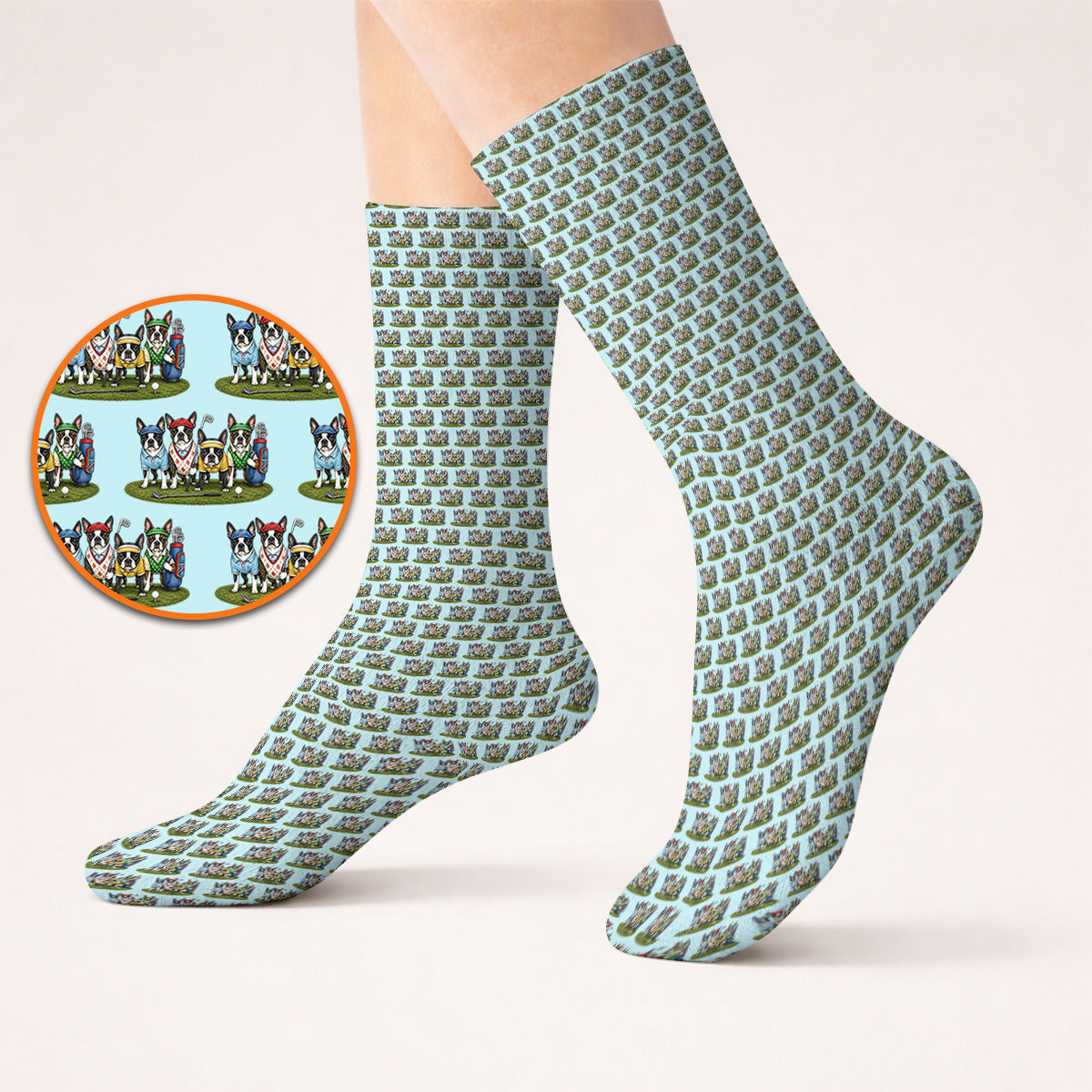 Boston Terrier Golf Pattern Socks, Funny Golfing Boston Terrier Sock, Dog Lover Golf Gift