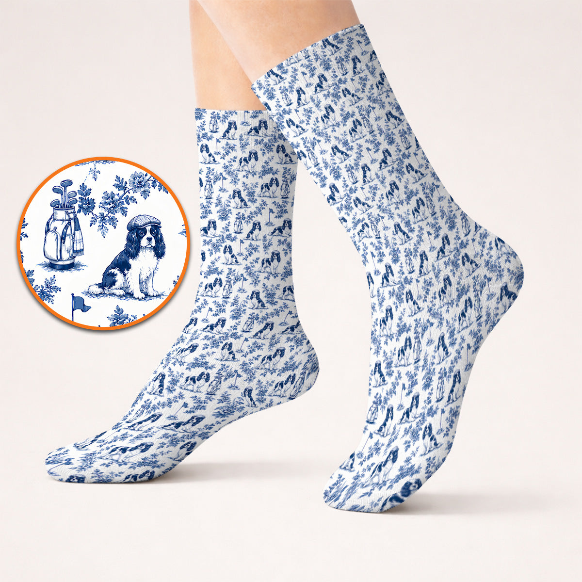 Funny Cavalier King Charles Spaniel Golf Sock, Toile de Jouy Cavalier Pattern Golf Socks, Golf Gift For Golfer