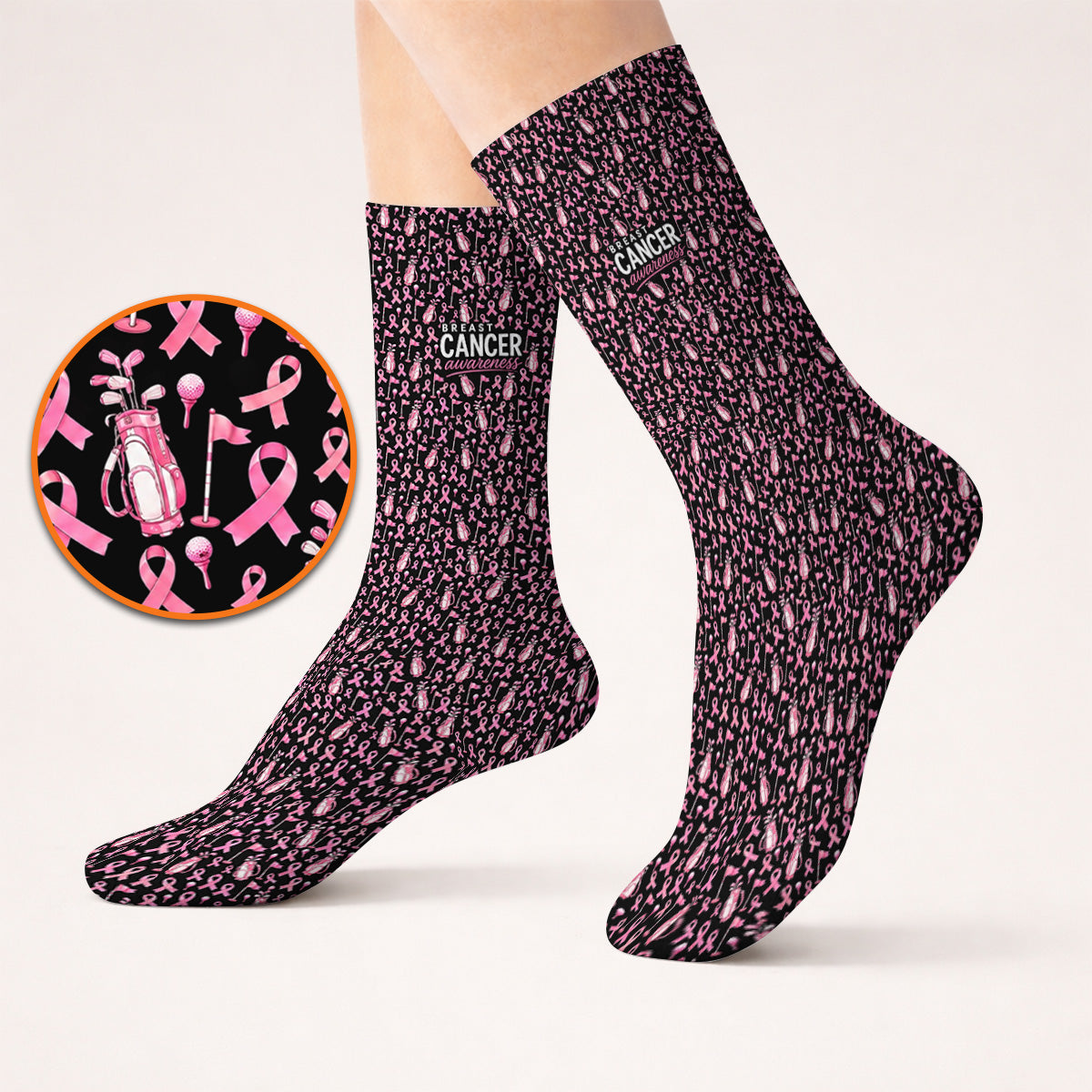 Breast Cancer Awareness Golf Socks, Pink Ribbon Golf Bag Pattern Sock, October Golf Gift for Golfer