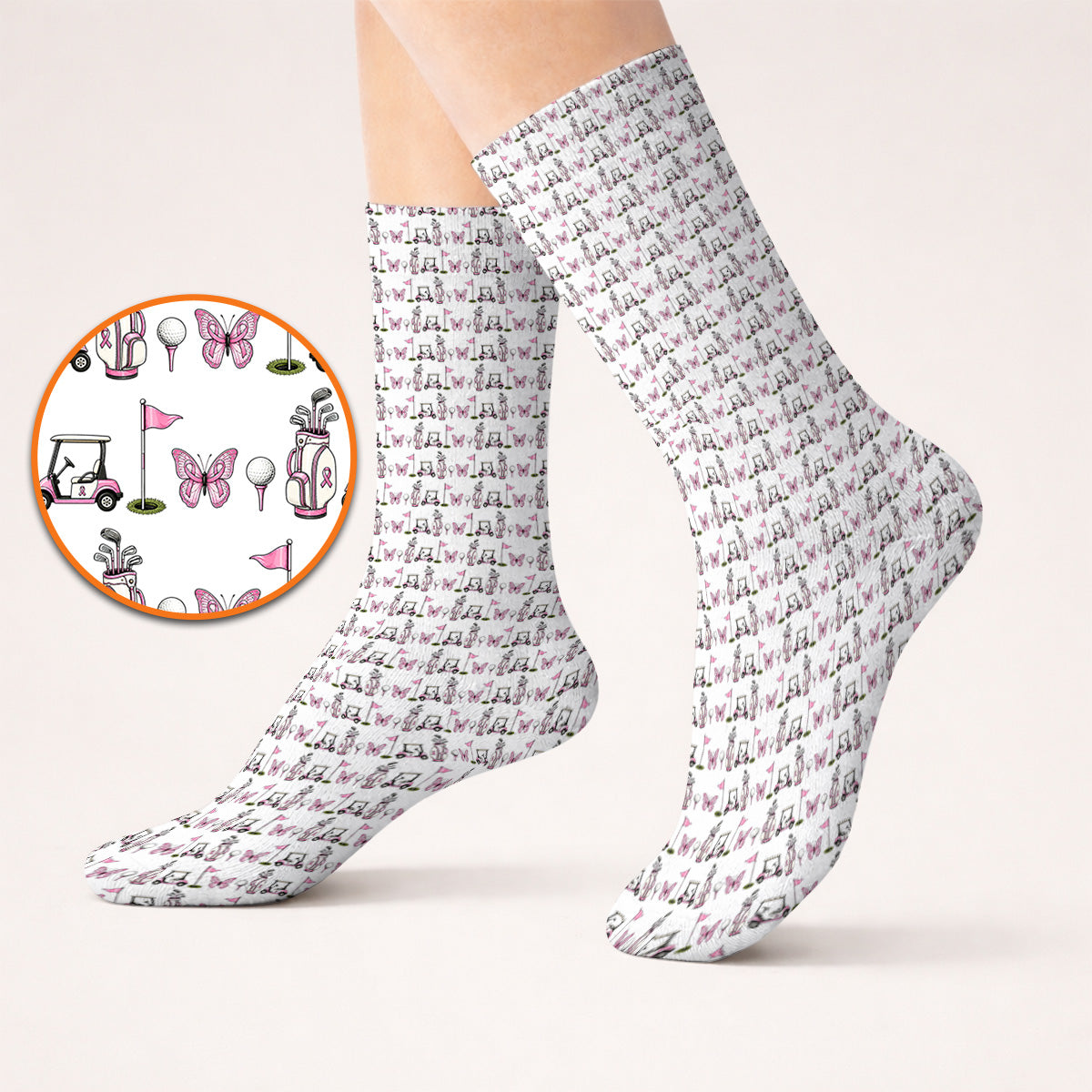 Pink Ribbon Fairway Golf Socks, Breast Cancer Support Golf Cart & Butterfly Pattern Sock, Awareness Gift for Golfers