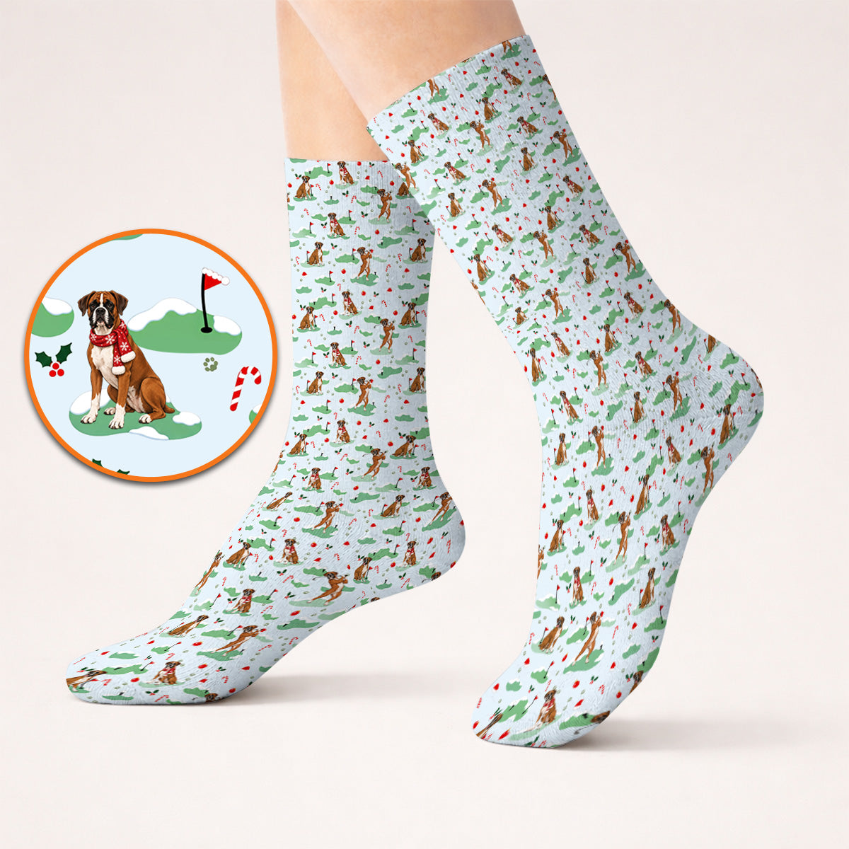 Funny Boxer Christmas Golf Socks, Xmas Boxer Dog Pattern Golf Sock, Golf Gift For Golfer