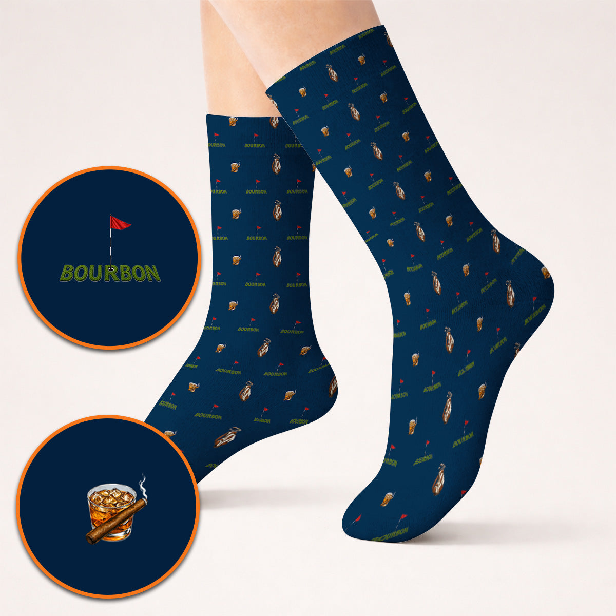 Bourbon & Cigar Golf Socks, Whiskey Golf Pattern Sock, Funny Bourbon Gift For Golfers