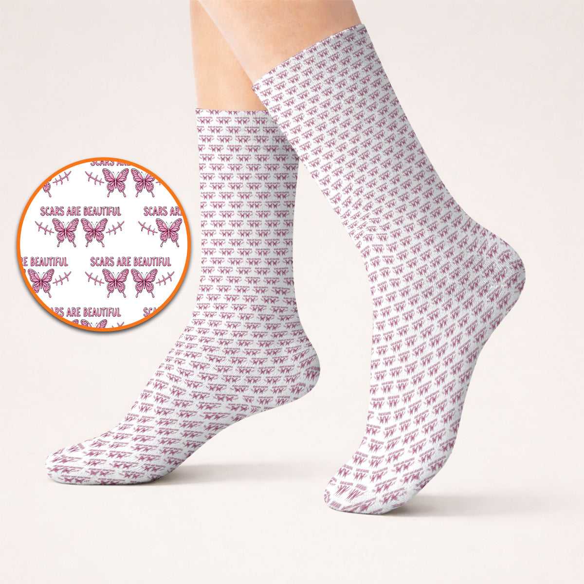 Scars Are Beautiful Breast Cancer Awareness Golf Socks, Pink Butterfly Survivor Pattern Sock, Inspirational Golf Gift for Golfer