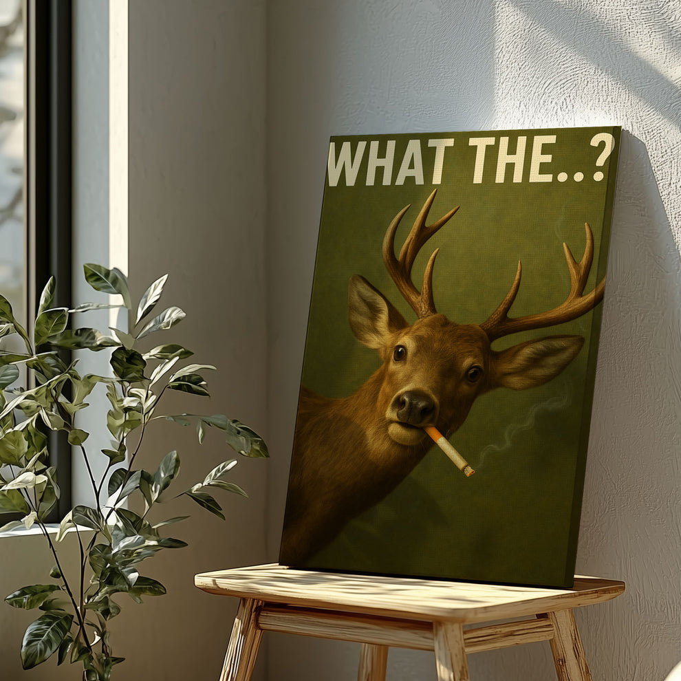 Smoking Deer Canvas – “What The…?” Funny Man Cave Wall Art