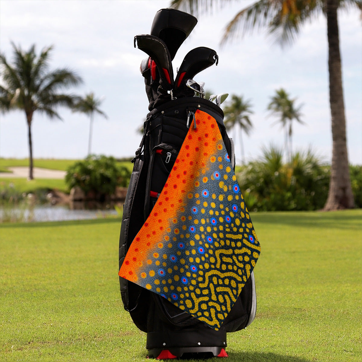 Brook Trout Skin Golf Towels, Vibrant Orange Spotted Fish Scale Pattern Golf Towel, Crazy Golf Gift For Golfers