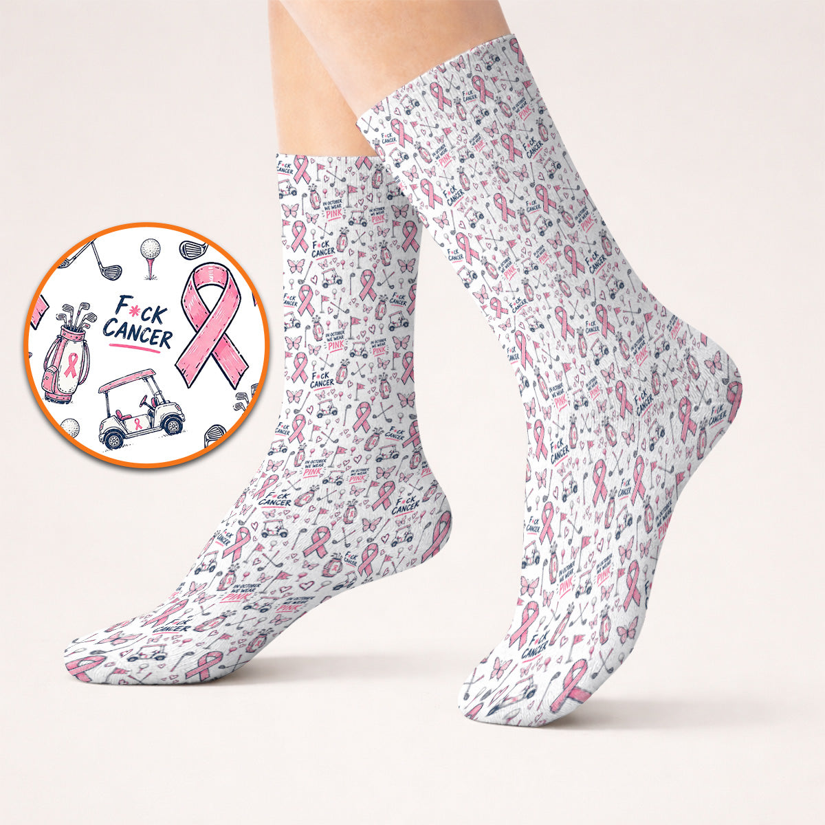 Fight Cancer Golf Socks, Pink Ribbon Golf Cart Pattern Sock, Breast Cancer Awareness Gift for Golfers