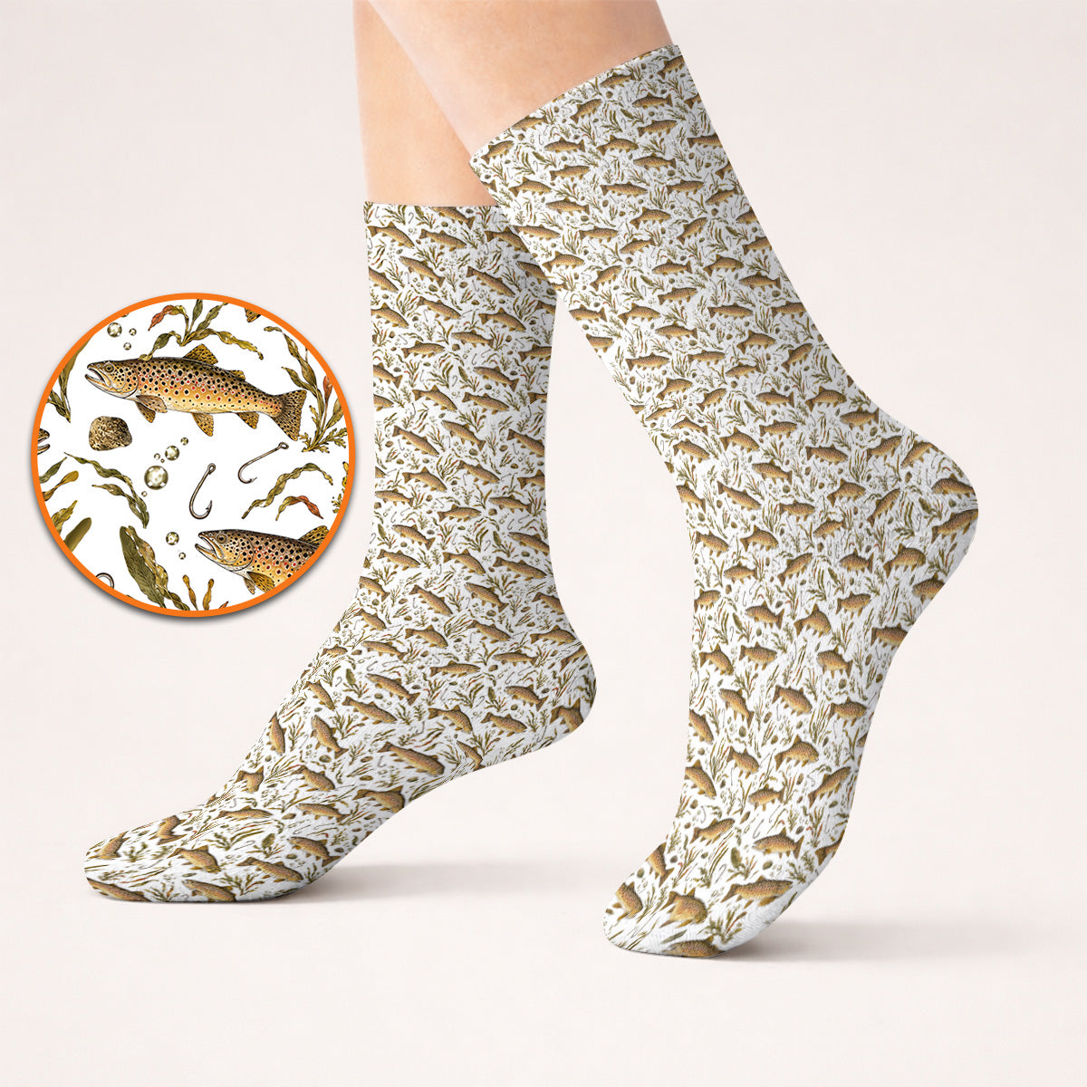 Funny Brown Trout Fishing Golf Socks, Vintage Trout & Fly Fishing Pattern Golf Sock, Golf Gift For Golfer