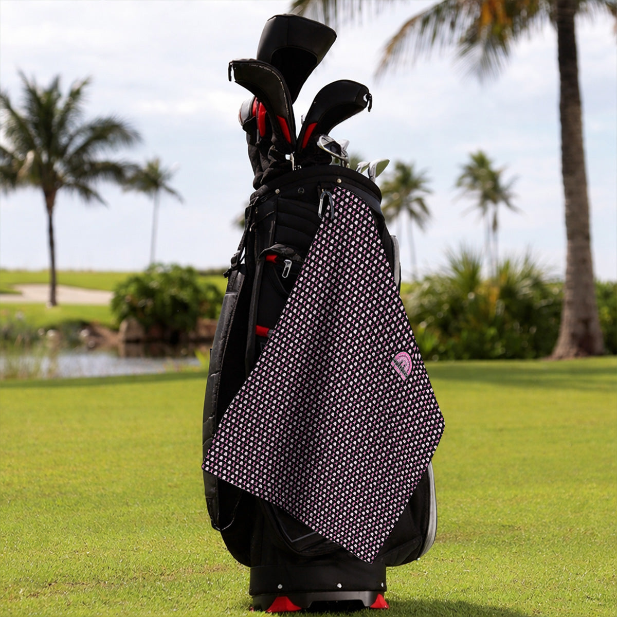 Breast Cancer Awareness Golf Towel, In October We Wear Pink Pattern Golf Towels, Pink Ribbon Golf Gift for Breast Cancer Support