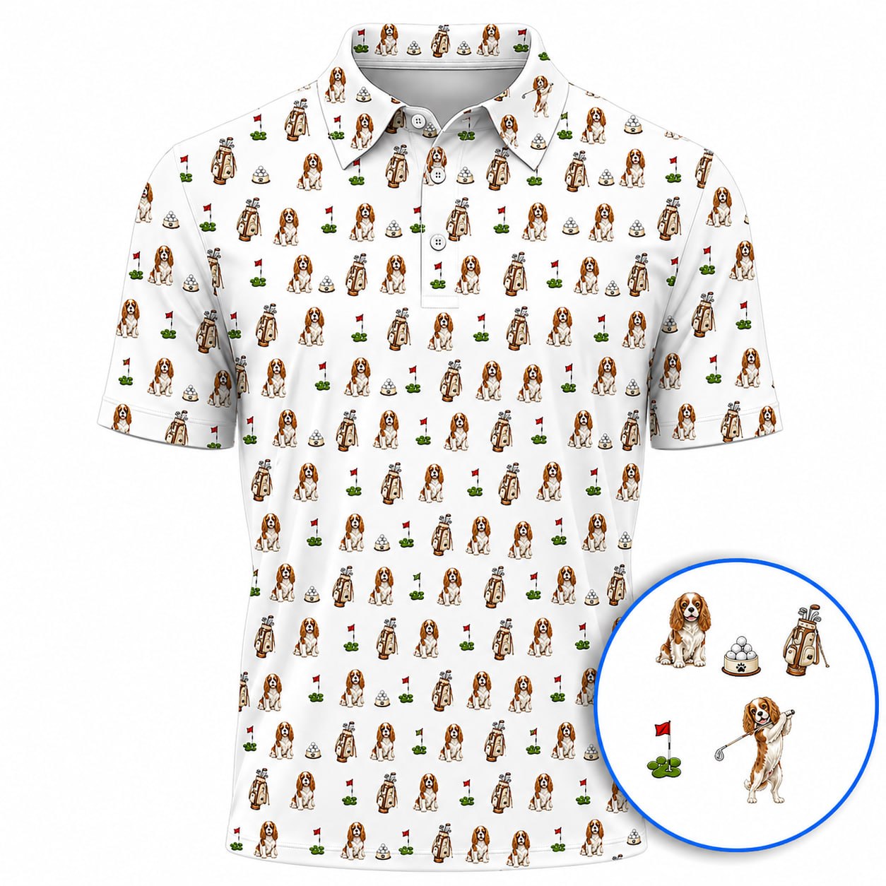 King Charles Cavalier Spaniel Golf Polos For Golfer, King Charles Cavalier Spaniel Pattern Golf Shirt, Dog Lover Golf Gift