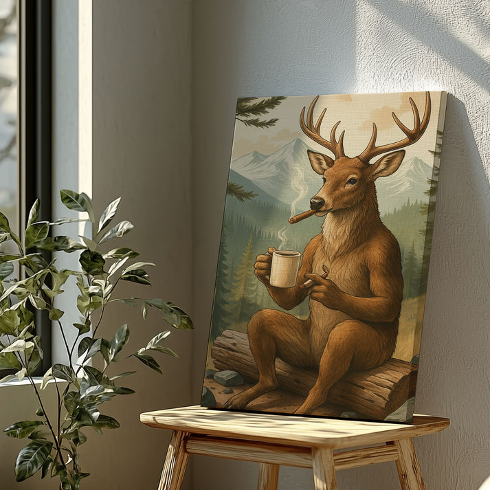 Rustic Deer Canvas – Coffee, Cigar & Cabin Wall Art for Man Caves