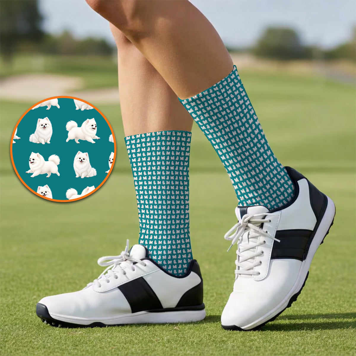 White Pomeranian Pattern Golf Socks, Cute Pomeranian Dog Golf Sock, Crazy Golf Gift For Golfer