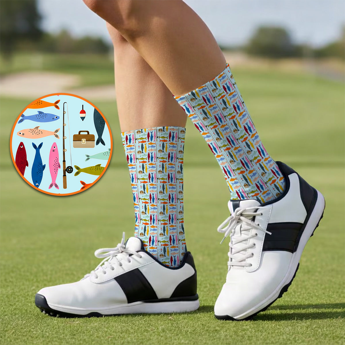 Colorful Fish Pattern Golf Socks, Fishing Rod Pattern Golf Sock, Crazy Golf Gift For Anglers and Fishermen