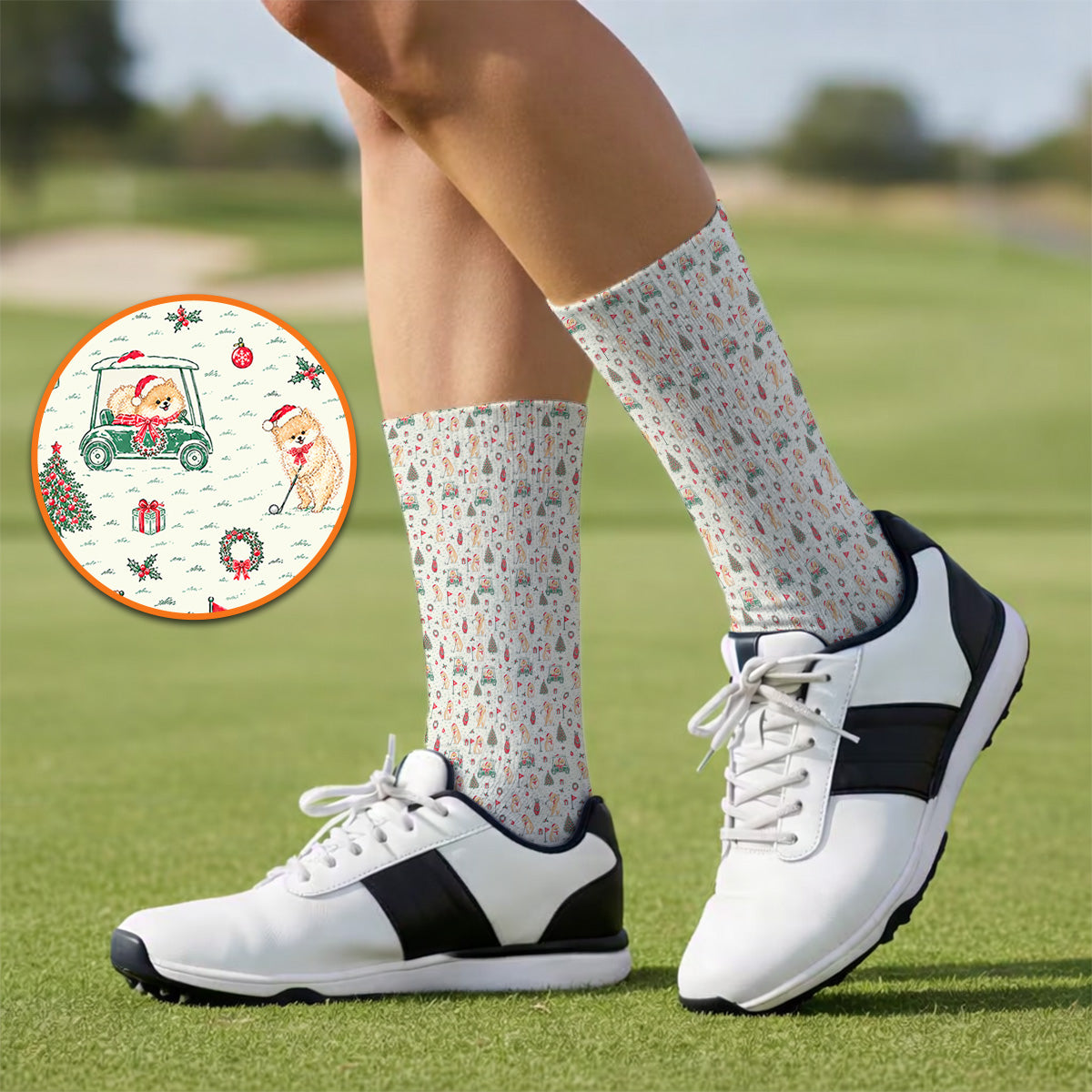 Funny Xmas Pomeranian Golf Socks, Pom Dog & Holiday Golf Cart Pattern Sock, Christmas Golf Gift For Dog Lovers